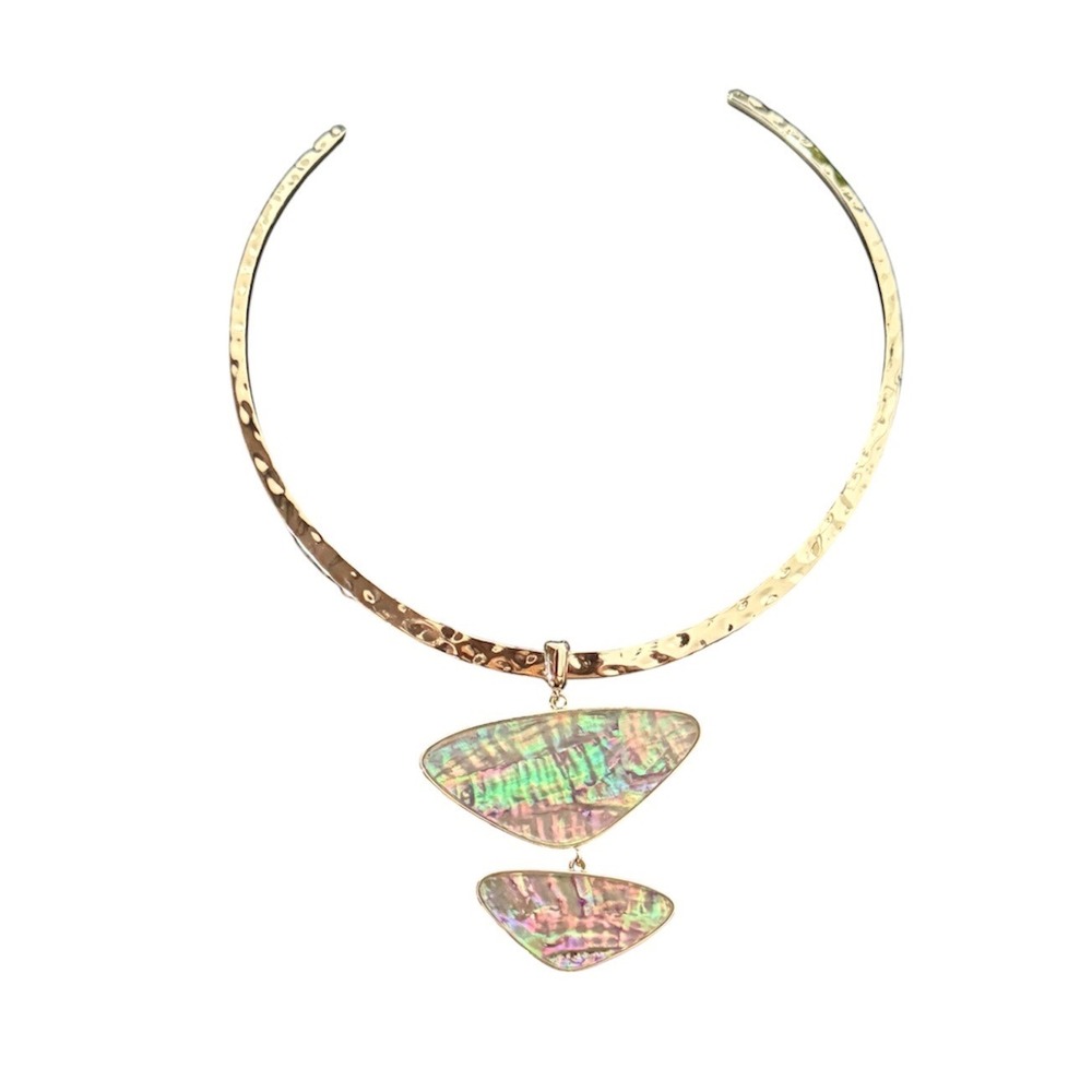 Kendra Scott Gold Tone Hammered Abalone Shell Double Pendant Collar Necklace